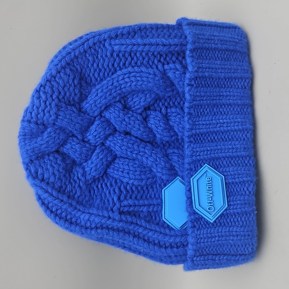 Mens OFF-WHITE Cotton/Cashmere Beanie Hat Royal Blue/White